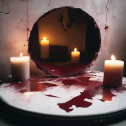 Create an image featuring a broken mirror with a reflected image of a candle burning in the background