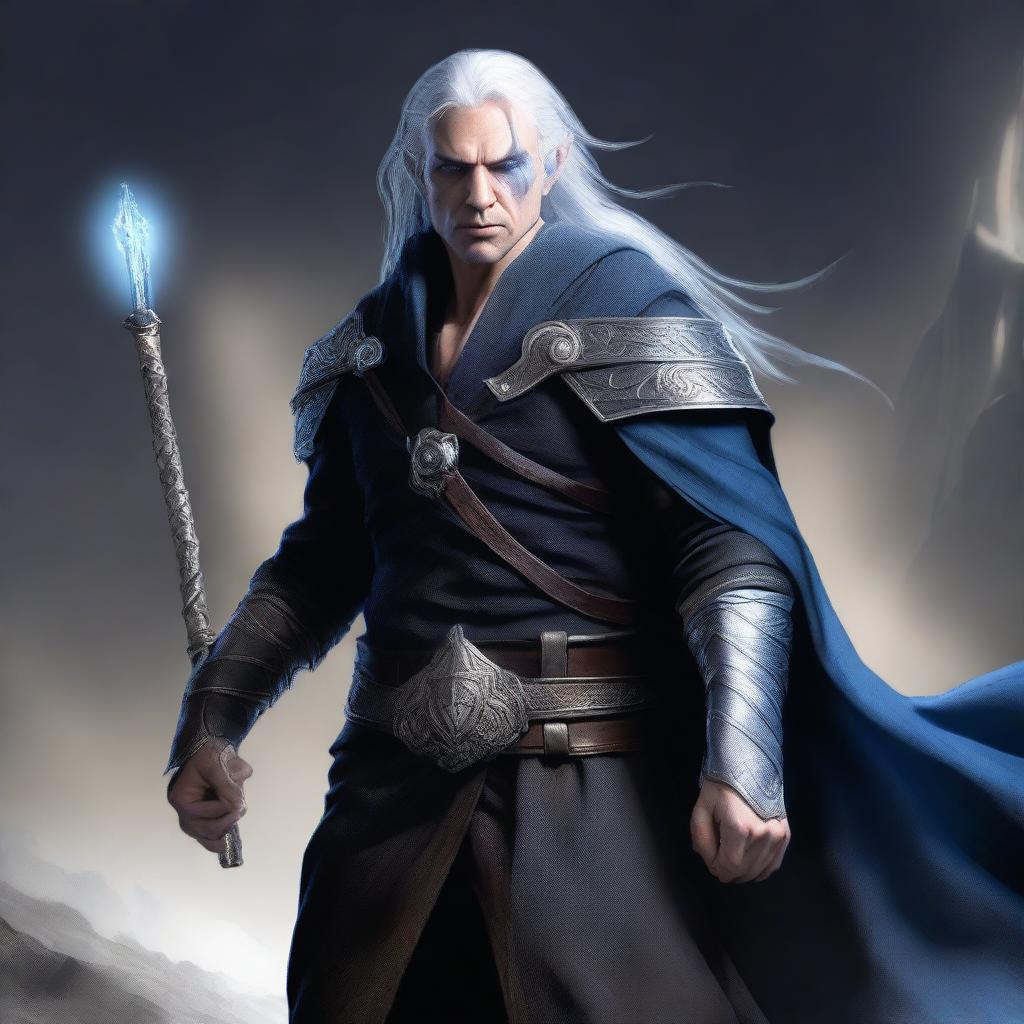 A highly detailed and rugged half-elf male warlock character in a cinematic style