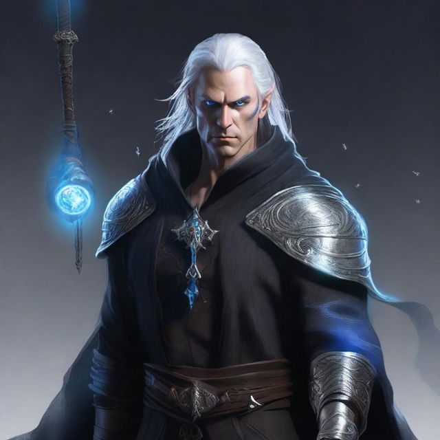 A highly detailed and rugged half-elf male warlock character in a cinematic style