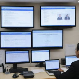 Several screens showcasing a variety of e-filing applications and a virtual courtroom session in progress. Displaying the advancement of technology in the judiciary system, symbolizing a pivotal shift towards online court proceedings.