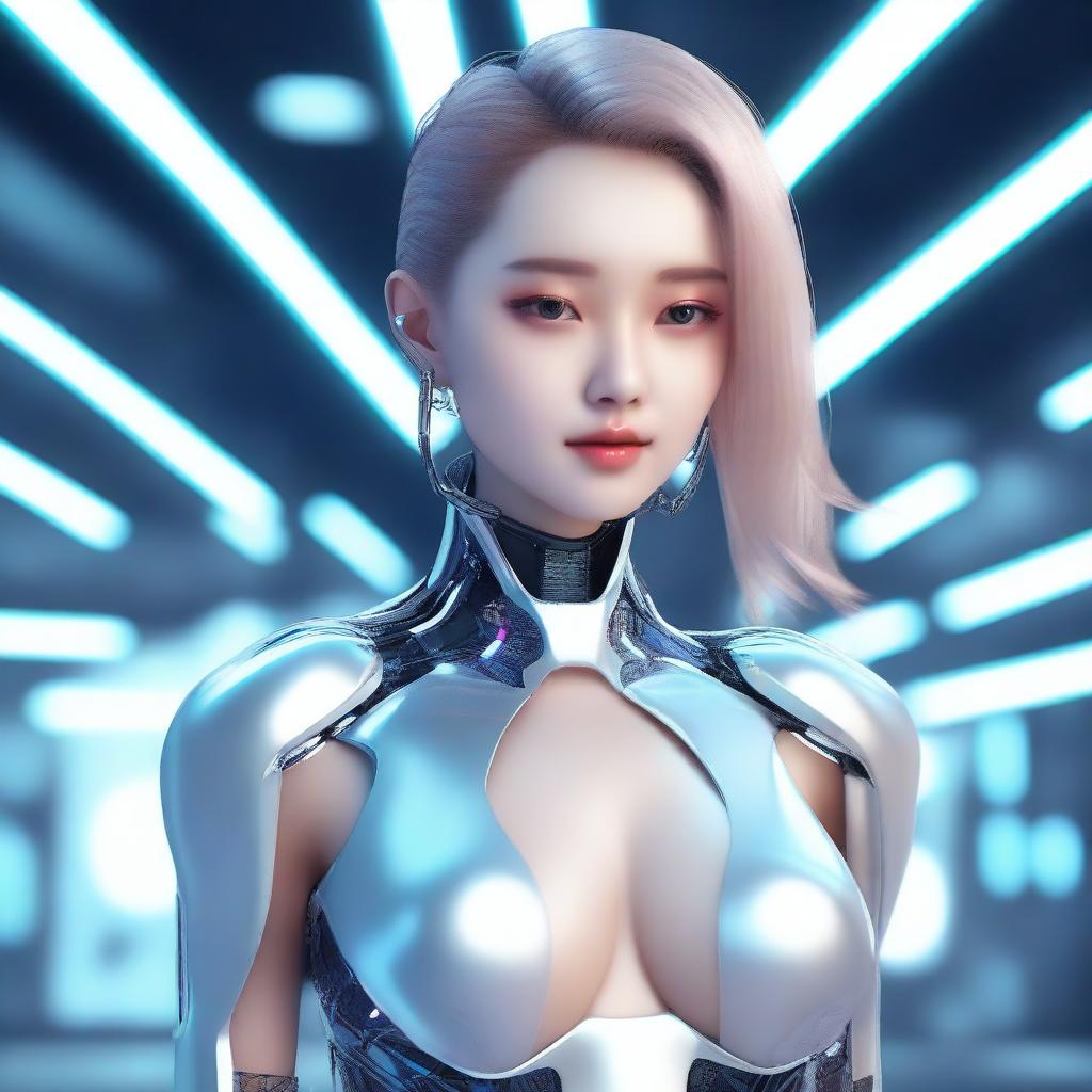 A beautiful and attractive AI girl with futuristic elements, wearing fashionable and sleek attire