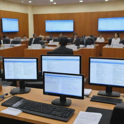 Several screens showcasing a variety of e-filing applications and a virtual courtroom session in progress. Displaying the advancement of technology in the judiciary system, symbolizing a pivotal shift towards online court proceedings.