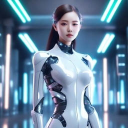 A beautiful and attractive AI girl with futuristic elements, wearing fashionable and sleek attire