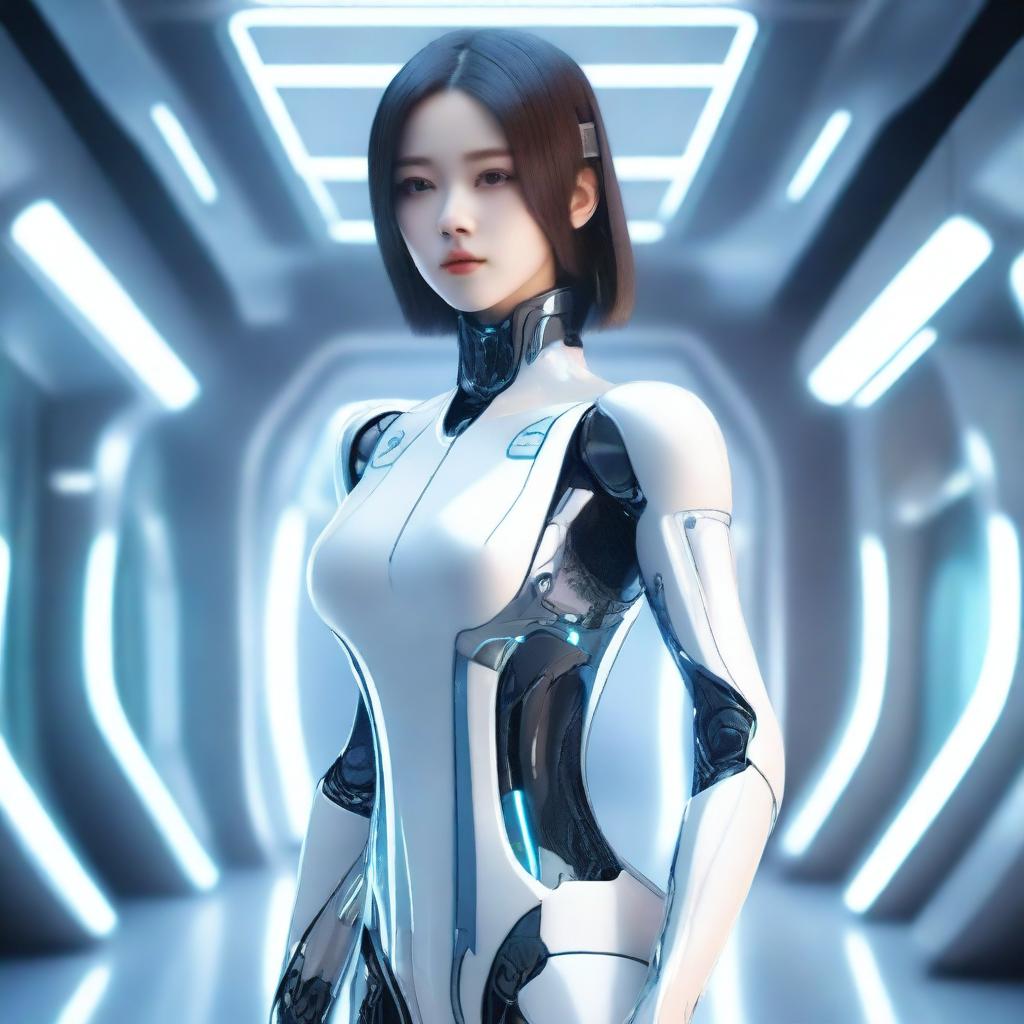 A beautiful and attractive AI girl with futuristic elements, wearing fashionable and sleek attire