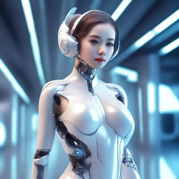 A beautiful and attractive AI girl with futuristic elements, wearing fashionable and sleek attire