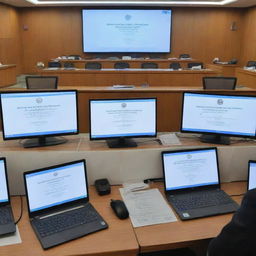 Several screens showcasing a variety of e-filing applications and a virtual courtroom session in progress. Displaying the advancement of technology in the judiciary system, symbolizing a pivotal shift towards online court proceedings.