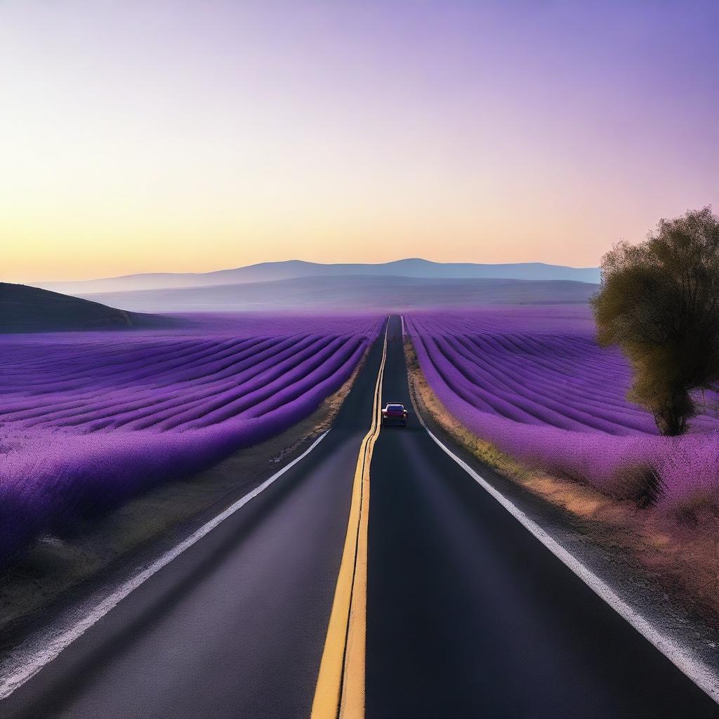 A scenic road with a car driving away in the distance