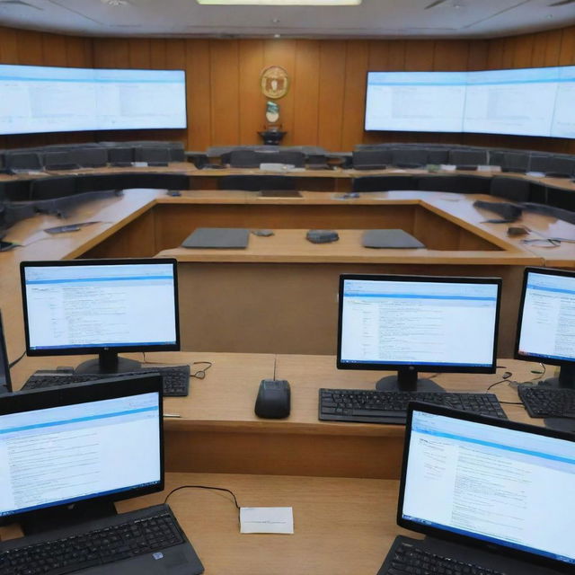 Several screens showcasing a variety of e-filing applications and a virtual courtroom session in progress. Displaying the advancement of technology in the judiciary system, symbolizing a pivotal shift towards online court proceedings.