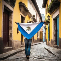 A person from Guatemala, known as a Chapin, embracing the Guatemalan flag in the historic city of La Antigua Guatemala