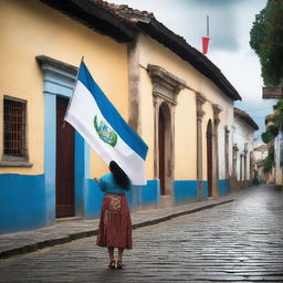 A person from Guatemala, known as a Chapin, embracing the Guatemalan flag in the historic city of La Antigua Guatemala