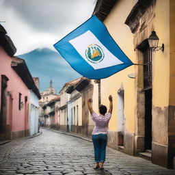 A person from Guatemala, known as a Chapin, embracing the Guatemalan flag in the historic city of La Antigua Guatemala