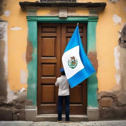 A person from Guatemala, known as a Chapin, embracing the Guatemalan flag in the historic city of La Antigua Guatemala