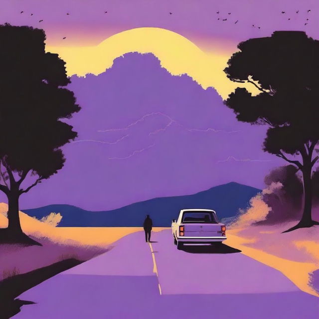 A simple cover drawn with a scenic road, with a car driving away