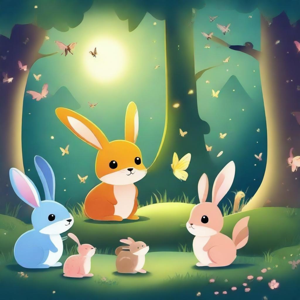 Cute animals in an enchanted forest illuminated by fireflies