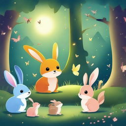 Cute animals in an enchanted forest illuminated by fireflies