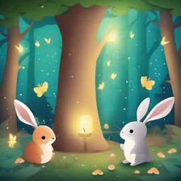 Cute animals in an enchanted forest illuminated by fireflies