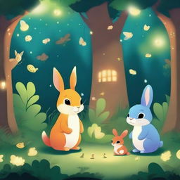 Cute animals in an enchanted forest illuminated by fireflies