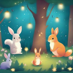 Cute animals in an enchanted forest illuminated by fireflies