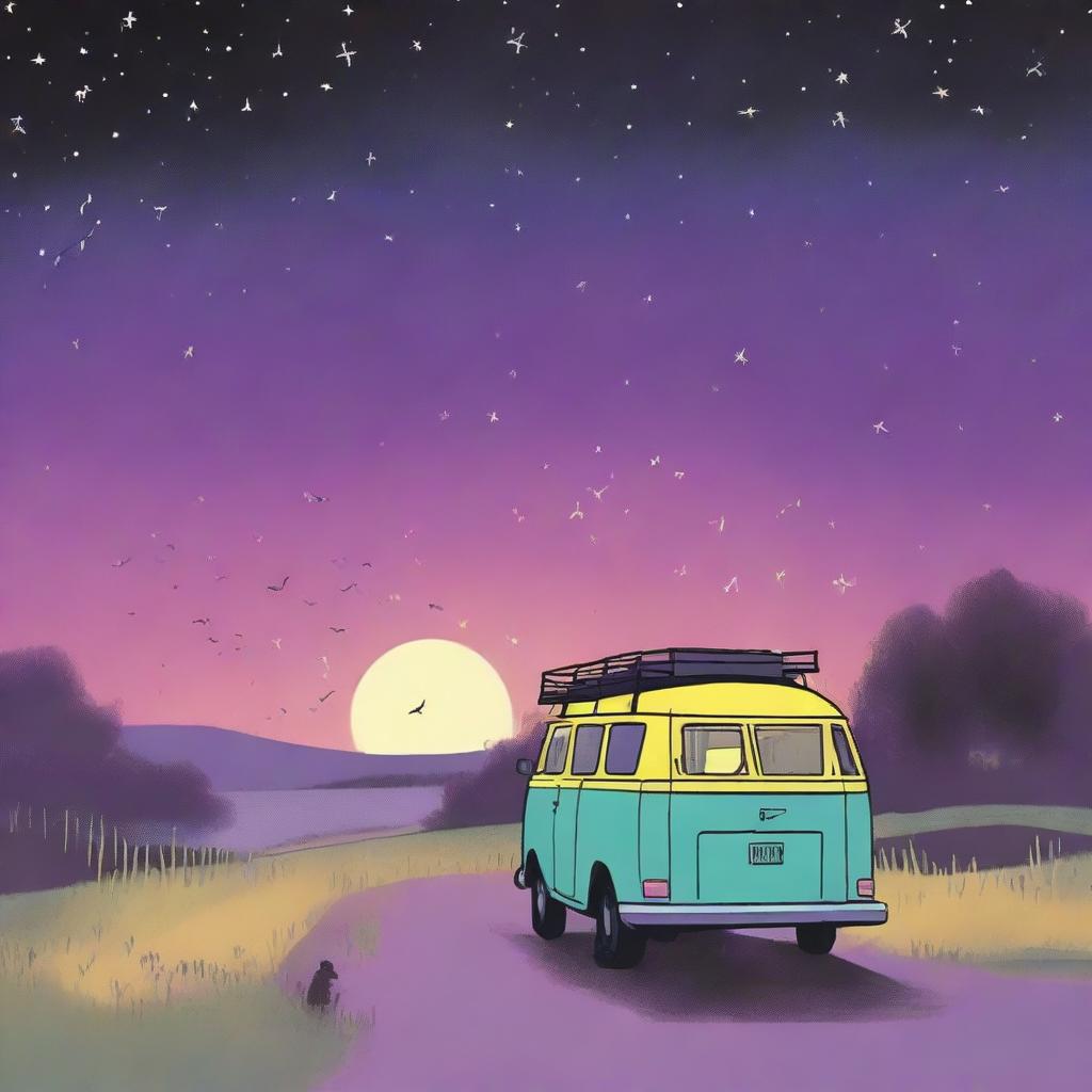 A simple cover drawn with a scenic road and a black van