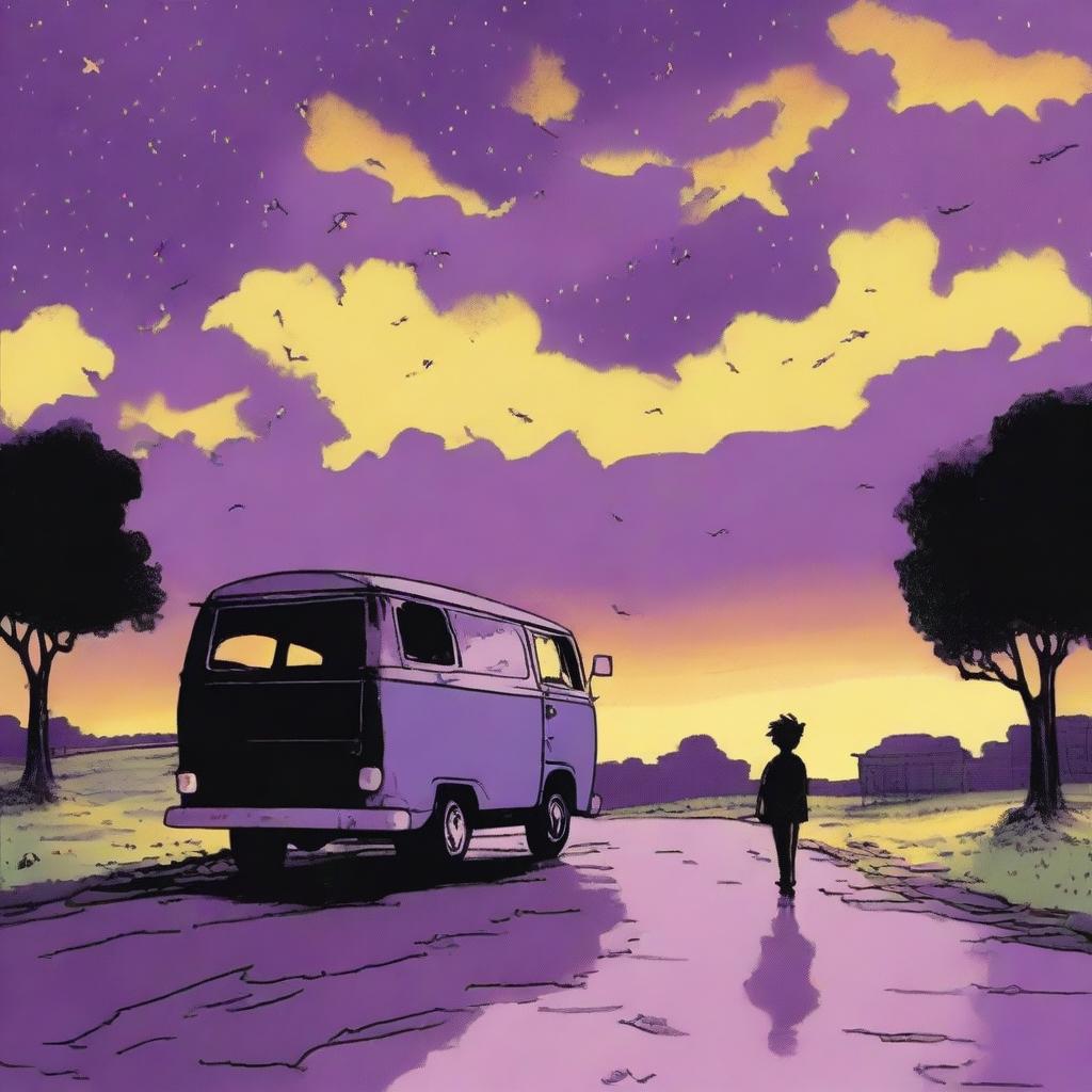 A simple cover drawn with a scenic road and a black van driving away