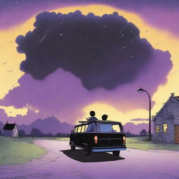 A simple cover drawn with a scenic road and a black van driving away