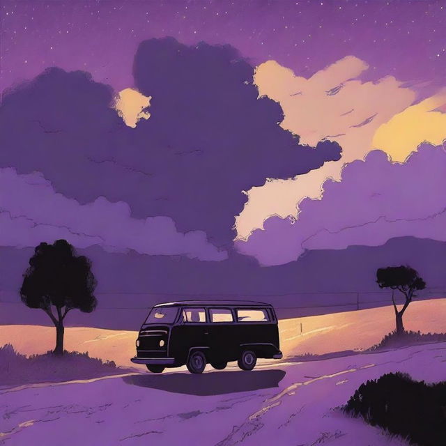 A simple cover drawn with a scenic road and a black van