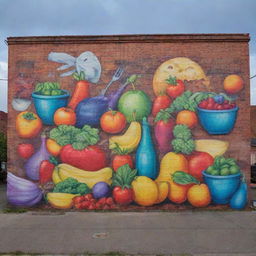 A vibrant graffiti-style mural adorned with various elements of food, like fruits, vegetables, and culinary utensils, on a brick wall under the dusky skies.