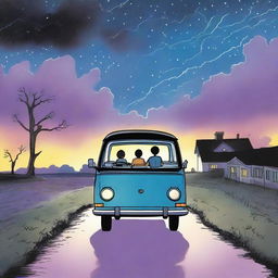 A simple cover drawn with a scenic road, focusing on a black van