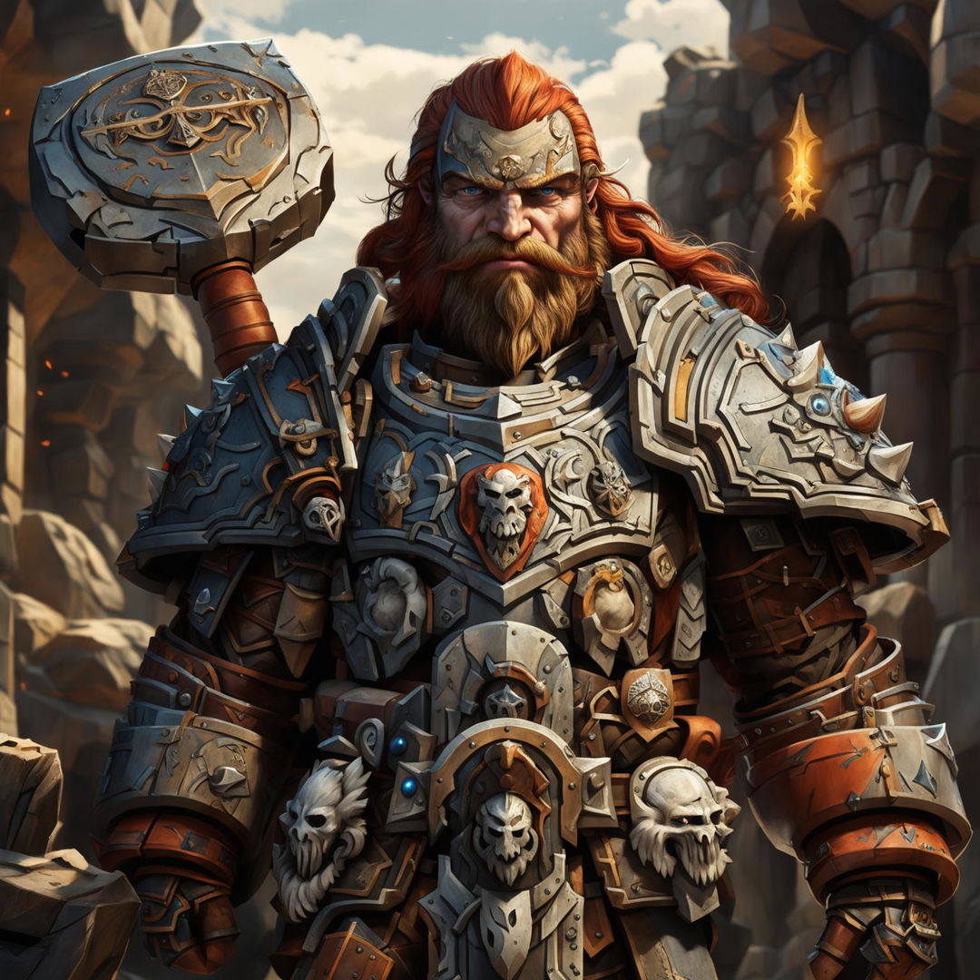 Eilif Stonefist, a dwarf paladin of Moradin, stands at 4'5" with a sturdy build, fiery red beard, and piercing blue eyes