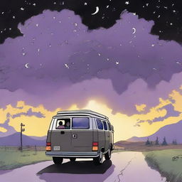 A simple cover drawn with a scenic road, focusing on a black van