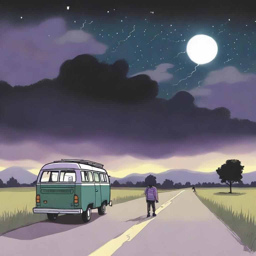 A simple cover drawn with a scenic road, focusing on a black van