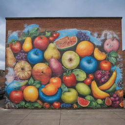 A vibrant graffiti-style mural adorned with various elements of food, like fruits, vegetables, and culinary utensils, on a brick wall under the dusky skies.