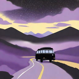 A simple cover drawn with a scenic road, focusing on a black van