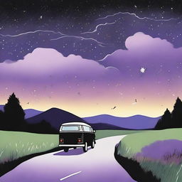 A simple cover drawn with a scenic road, focusing on a black van