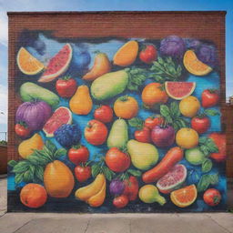 A vibrant graffiti-style mural adorned with various elements of food, like fruits, vegetables, and culinary utensils, on a brick wall under the dusky skies.