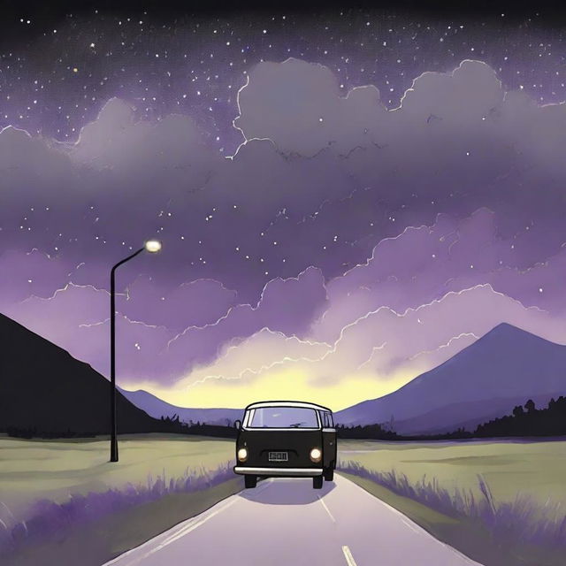 A simple cover drawn with a scenic road, focusing on a black van