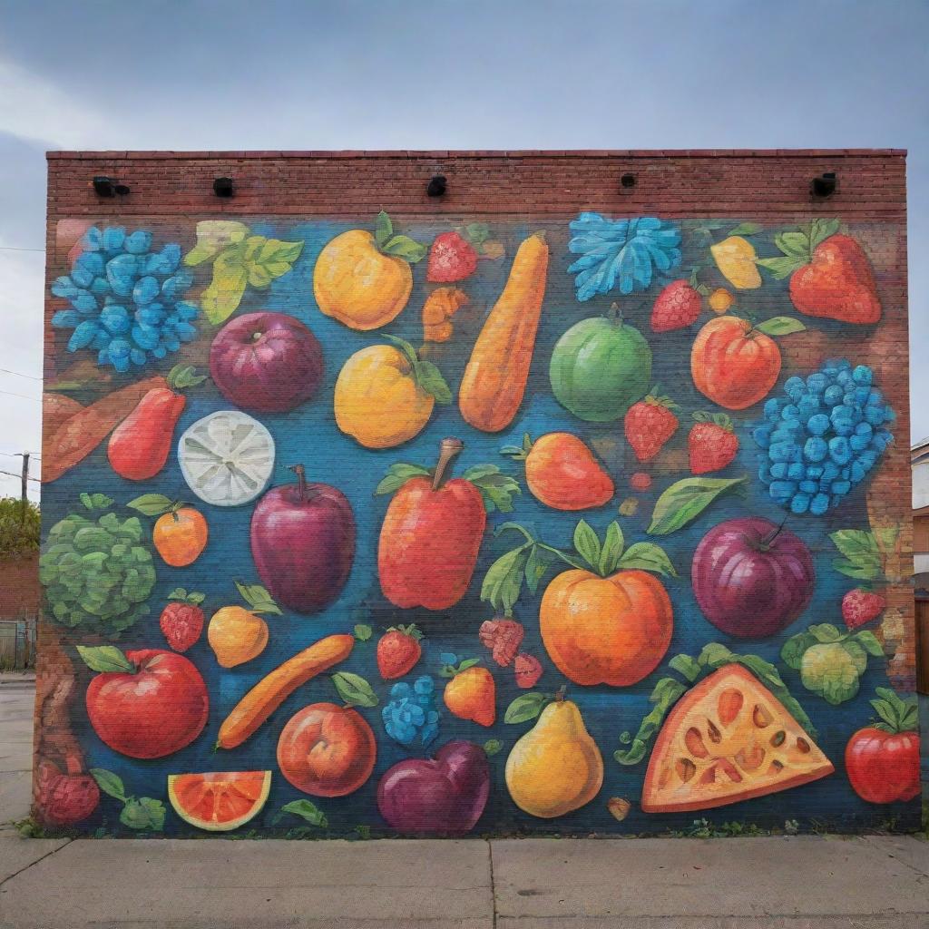 A vibrant graffiti-style mural adorned with various elements of food, like fruits, vegetables, and culinary utensils, on a brick wall under the dusky skies.