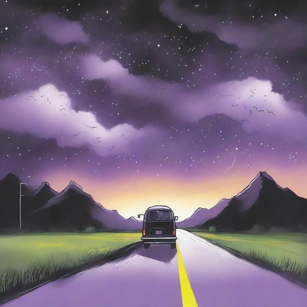 A simple cover drawn with a scenic road, focusing on a black van