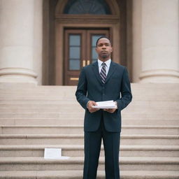 An individual stands determined at the steps of a grand courthouse, holding a pile of important legal documents, symbolizing the act of filing a case. Their expression conveys resolve, emphasizing the pursuit of justice.