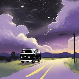 A simple cover drawn with a scenic road, focusing on a black van