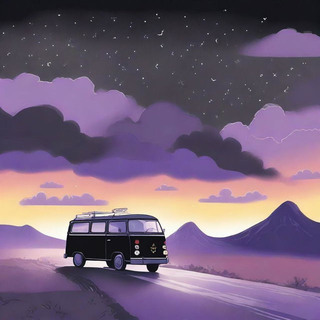 A simple cover drawn with a scenic road, focusing on a black van