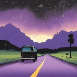 A simple cover drawn with a scenic road, focusing on a black van