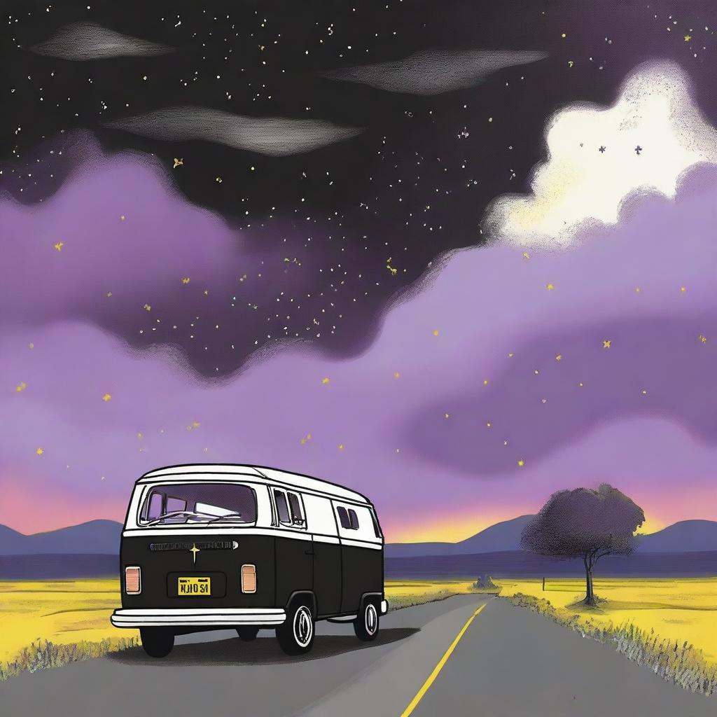 A simple cover drawn with a scenic road, focusing on a black van