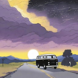 A simple cover drawn with a scenic road, focusing on a black van