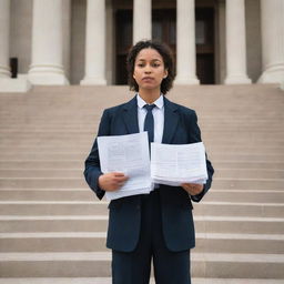 An individual stands determined at the steps of a grand courthouse, holding a pile of important legal documents, symbolizing the act of filing a case. Their expression conveys resolve, emphasizing the pursuit of justice.