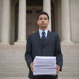 An individual stands determined at the steps of a grand courthouse, holding a pile of important legal documents, symbolizing the act of filing a case. Their expression conveys resolve, emphasizing the pursuit of justice.