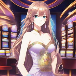 A beautiful anime girl standing in a luxurious casino