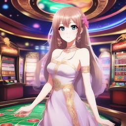 A beautiful anime girl standing in a luxurious casino