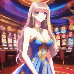 A beautiful anime girl standing in a luxurious casino