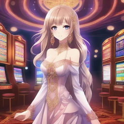 A beautiful anime girl standing in a luxurious casino